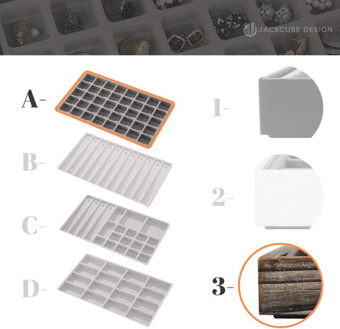 J JACKCUBE DESIGN Jewelry Box Organizer - Wood Tray Display Storage, Rustic Antique Case for Earrings, Bracelets, Necklaces, 40 Slots compartments (16.7W x 10.3H x 1.4H inches) - MK520-1A