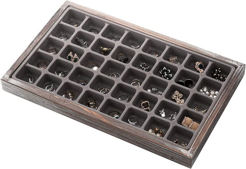 J JACKCUBE DESIGN Jewelry Box Organizer - Wood Tray Display Storage, Rustic Antique Case for Earrings, Bracelets, Necklaces, 40 Slots compartments (16.7W x 10.3H x 1.4H inches) - MK520-1A
