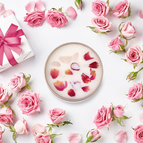 Rose Scented Candles Valentines Day Gifts Handmade Soy Wax Healing Candle Organic Dry Flower and Rose Quartz Candle with Cotton Wick Increase Charm/Wealth/Lucky for Lover Gift