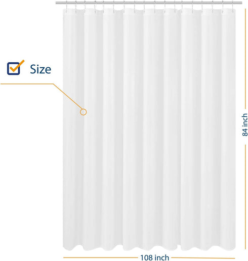 Extra Wide Extra Long Fabric Shower Curtain Liner 108 x 84 inch, Hotel Quality, Washable, White Spa Bathroom Curtains with Grommets, 108x84