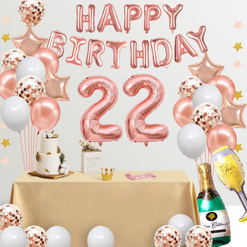 Fancypartyshop 22nd Birthday Decorations - Rose Gold Happy Birthday Banner and Sash with Number 22 Balloons Latex Confetti Balloons Ideal for Girl and Women 22 Years Old Birthday Rose Gold