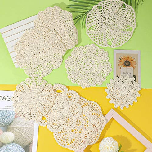 Chuangdi 8 Pieces 6 to 8 Inch Cotton Lace Doilies Crochet Handmade Lace Coasters Round Lace Placemat Rustic Table Doilies Decors for Kitchen Dining Room Party Dressers Dream Catcher Decoration, Beige