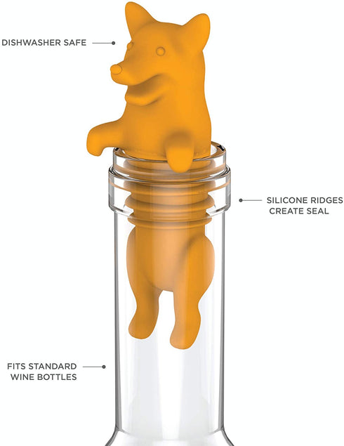 TrueZoo Corki Bottle Stopper, Corgi Animal Cork, Novelty Wine Stopper, Silicone, Set of 1, Orange