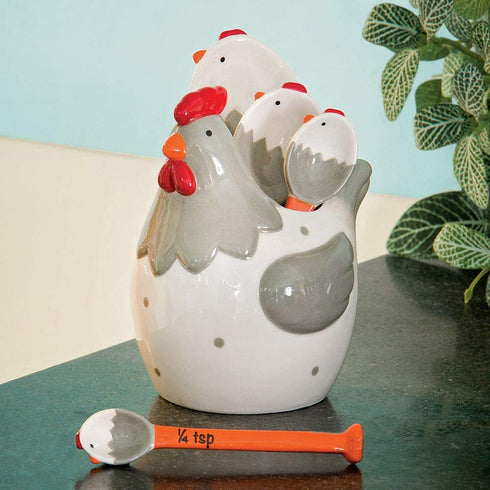 Bits and Pieces - Ceramic Chicken Measuring Spoons - Whimsical, and Practical Chicken Figurine with 4 Measuring Spoons - Adds Quirky Charm to Your Kitchen.