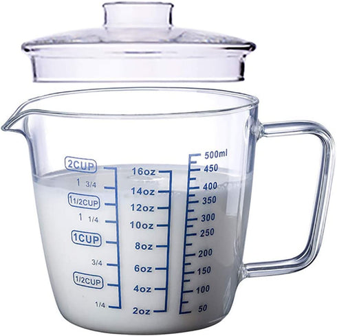 Goeielewe Glass Measuring Cup with Lid, Graduated Beaker Mug with Handle, Borosilicate Glass V-Shaped Spout Microwave Safe Scales Milk Cup for Cooking Baking (2cup/16oz/500ml)