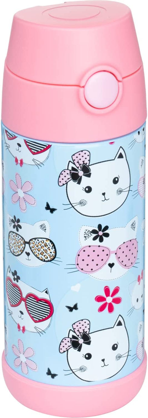 Snug Kids Water Bottle - insulated stainless steel thermos with straw (Girls/Boys) - Kitty, 12oz