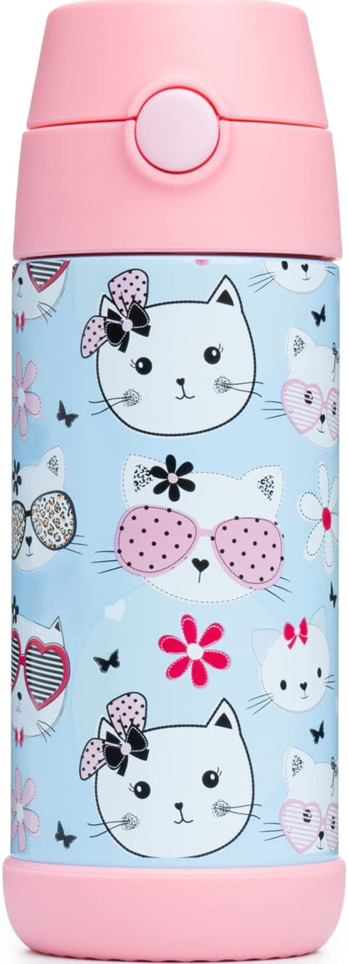 Snug Kids Water Bottle - insulated stainless steel thermos with straw (Girls/Boys) - Kitty, 12oz
