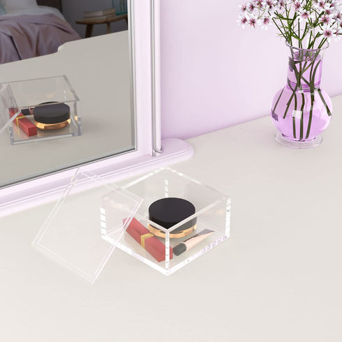 NIUBEE Small Acrylic Box with Lid, Clear Box Square Container to Hold Staples, Highlighters, Adhesive Tape, Paper Clips, Stamps, Stackable Mult-Purpose for Office and Home (Medium)