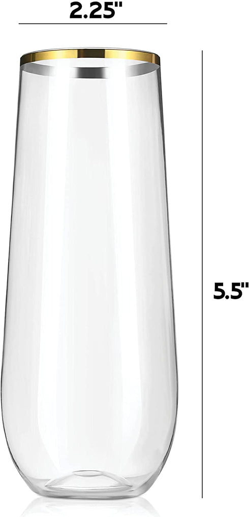 36 Pack Plastic Stemless Champagne Flutes, 9 oz Clear Drinking & Toasting Glass with Elegant Gold Rim, Disposable Drinkware for Wine, Cocktails, Sparkling Water, Mimosas