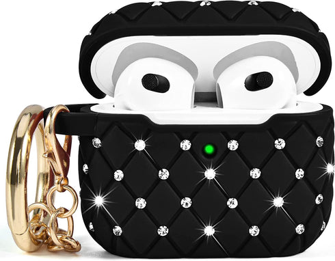 Airpods 3rd Generation Case for Women, Cute Glitter Rhinestone Airpod Gen 3 Cases Hard Cover with Keychain Compatible with Apple Wireless iPod 3rd Charging Case 2021, Black
