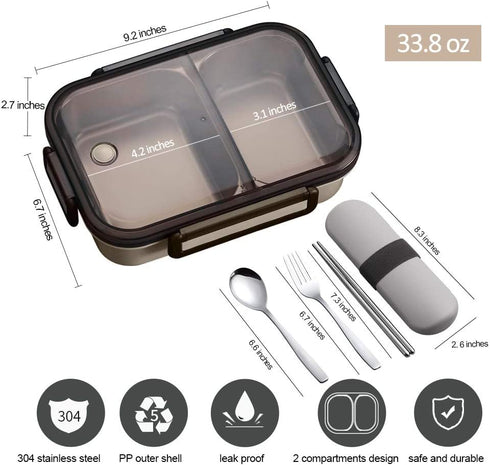 YBOBK HOME Leak Proof Bento Box, 2 Compartments Stainless Steel Lunch Box with Insulated Lunch Bag and Portable Utensil Set, Portion Control Lunch Container, On-the-Go Meal Fruit Snack Packing (Beige)