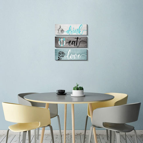 Creoate Kitchen Signs Wall Decor, Set of 3- Eat Drink and Love Wood Plaque, Dinning Room Wall Art Rustic Farmhouse Decor, Blue
