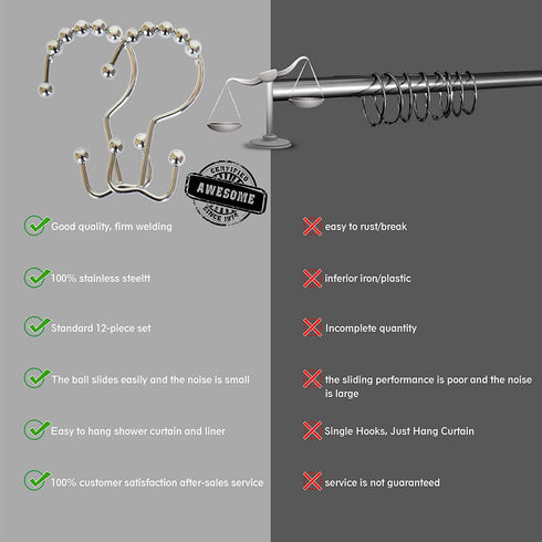 DQG Bathdesign Durable Shower Curtain Hooks Rings,Never Rust Stainless Steel Double Sliding Shower Hooks That, for Bathroom Shower Rods Curtains, Set of 12 Shower Curtain Hooks (Chrome)