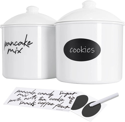 Kitchen Airtight Food Storage Canisters Set of 2 - 2.7QT/87oz Cookie Jar With Lids and Chalkboard Labels for Countertop Pantry Organization Flour,Candy,Coffee,Sugar,Snacks,Tea Jars Plastic,White