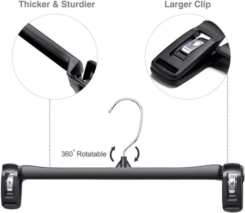 Titan Mall Pants Hangers 30 Pack 14inch Black Plastic Skirt Hanger with Non-Slip Big Clips and 360 Rotatable Hook, Durable and Sturdy Plastic Hanger, Elegant and Economical for Hanging Pants