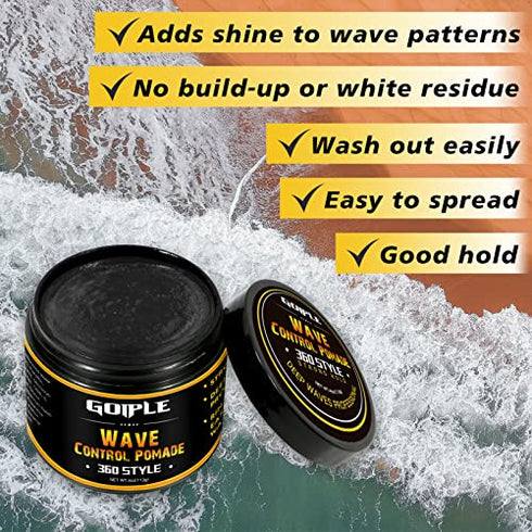 Natural Wave Pomade for Men Strong Hold, Easy Wash 360 Wave Training Hair Cream, Waves Grease for Men Promotes Layered Waves, Moisture, Control and Silky Shine (Wave Pomade+Wave Brushes*2+ Silky Durag)