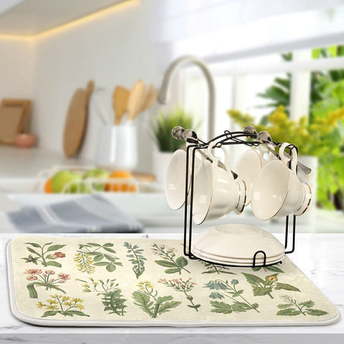 Flower Herbs Dish Drying Mat for Kitchen Counter Decor 18x24 Inch Absorbent Reversible Wild Plant Dish Mat Microfiber Drying Pad Sage Leaves Dish Drainer Rack Mats for Coffee Bar