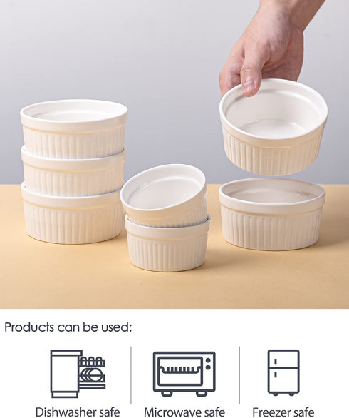 Delling Ramekins 8 Oz Oven Safe, Ramekins for Baking, Creme Brulee, Porcelain Ramekins for Souffle, Pudding, Set of 6, White