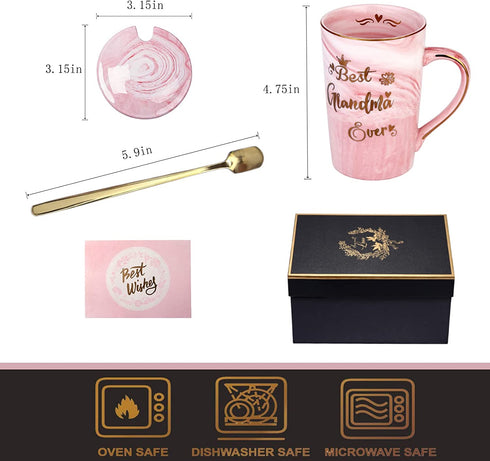 Doublewhale Grandma Gifts - Mothers Day Gifts for Grandma - Birthday Gifts for Grandma from Granddaughter Grandson Grandchildren - Best Grandma Ever Marble Ceramic Coffee Mug 14Oz with Lid Pink