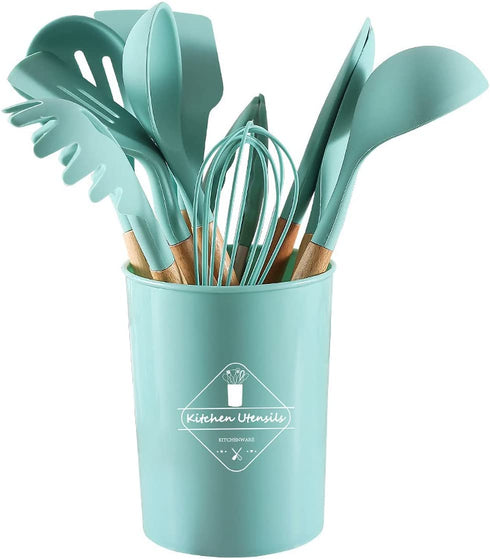 Crosea 12Pcs Silicone Cooking Kitchen Utensils Set with Holder,Wooden Handles Cooking Tool,BPA Free,Non Toxic Turner Tongs Spatula Spoon Kitchen Gadgets Set for Nonstick Cookware (Green)