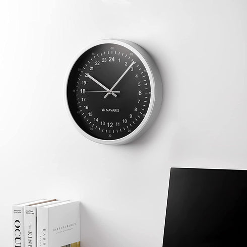 Navaris 24 Hour Wall Clock - 11.8" Analog Military Time Clock with Silent Movement Non-Ticking Hands - Battery Operated - Silver Frame with White Face