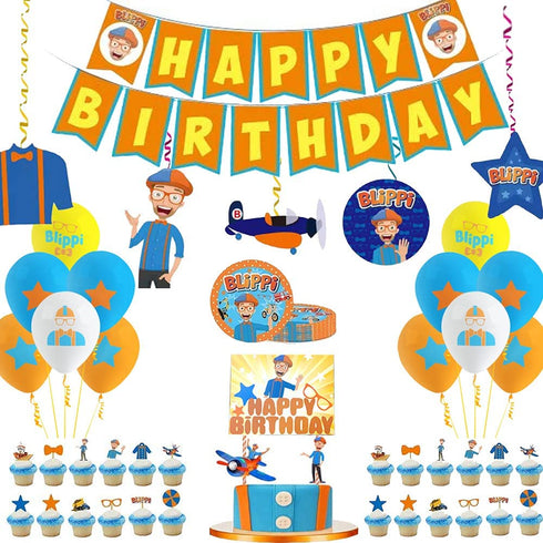 VWORK Blippi Party Supplies, Blippi Birthday Party Decorations for Kids and Teens, Include Banner, Hanging Swirls, Balloons, Cake Toppers, Plates