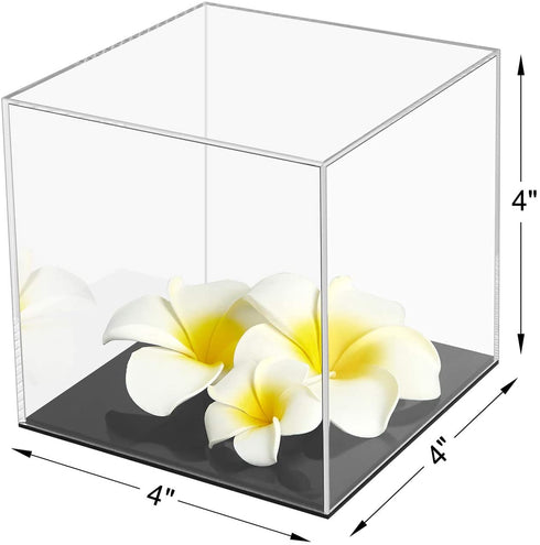 Cliselda Clear Acrylic Display Case with Black Base, Countertop Box Cube Organizer Stand Riser Dustproof Protection Showcase for Action Figures Toys Collectibles (4x4x4 Inch)