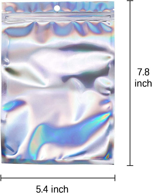 100 Counts Resealable Smell Water Proof Bags Foil Pouch Bag Flat Ziplock Bag with Clear Window for Party Favor Food Storage Gifts Bags Goodie Bag Holographic Color, 5.5 x 7.8 Inches