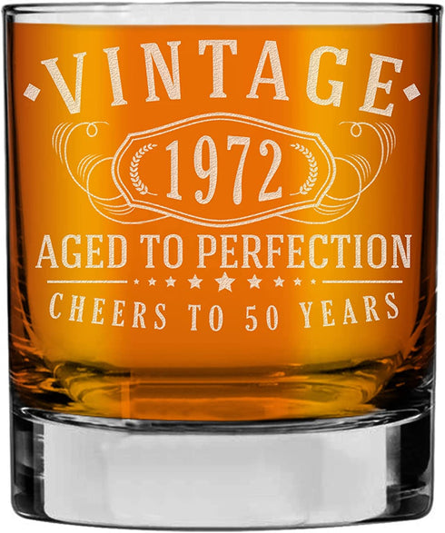 Vintage 1972 Etched 11oz Whiskey Rocks Glass -50th Birthday Aged to Perfection - 50 years old gifts Bourbon Scotch Lowball Old Fashioned