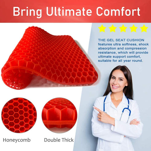 Gel Seat Cushion Double Thick Gel Support Cushions, Breathable Honeycomb Chair Mats Wheelchair Pads for Back Pain, Tailbone, Coccyx, Pressure Sores and Sciatica Relief (Red)
