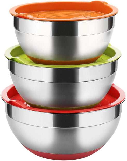 Stainless Steel Mixing Bowls with Lids (Set of 3), Non Slip Colorful Silicone Bottom Nesting Storage Bowls by Regiller-yyi, Polished Mirror Finish For Healthy Meal Mixing and Prepping 2.5 - 3.5-4.2QT