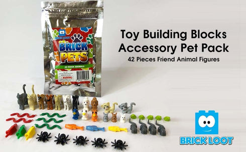 42 Friends Animal Pet Pack, Toy Building Blocks Accessories Fits Lego Minifigures - 100% Compatible - Includes: Dogs Cats Fish Snakes Rabbits Birds Frogs Spiders Owls Mice & More