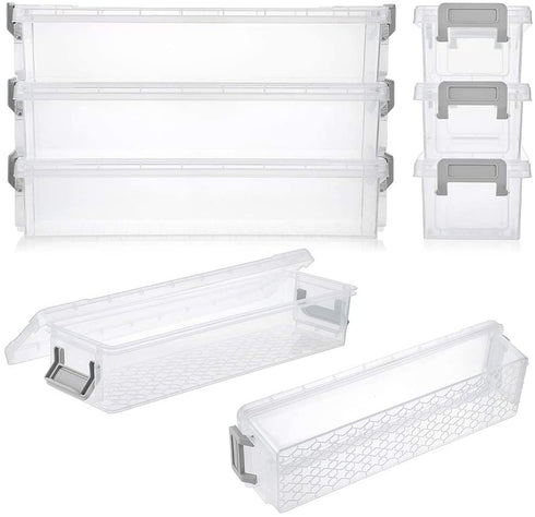BTSKY Long Plastic Stackable Box Home, Office Supplies Storage Organizer Box Pencil Box Plastic Organizer Holder for Gel Pens Erasers Tape Pens Pencils Markers etc- 3 Pack - Clear with Grey Clip