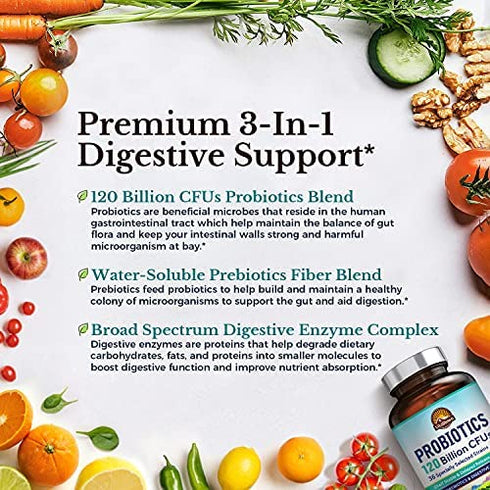 VITALITOWN Probiotics 120 Billion CFUs | 36 Strains, with Prebiotics & Digestive Enzymes for Men Women | Shelf Stable | Digestive & Immune Support | Vegan, Non-GMO | 30 Delayed Release Veg Caps