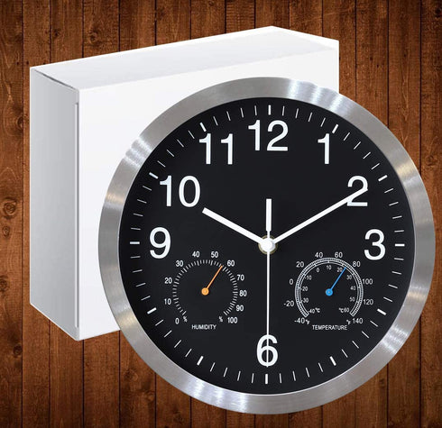 Fzy.bstim Non Ticking Silent Wall Clocks Battery Operated,10 Inch Quality Quartz Analog Wall Clock with Thermometer and Hygrometer,Decorative for Kitchen,Living Room,Bathroom,Office,Garage(Black)