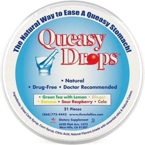 Three Lollies Queasy Drops | Assorted for Nausea Relief |Green Tea with Lemon | Ginger | Banana | Sour Raspberry | Cola | 21 Drops