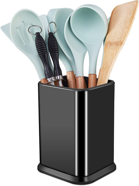 Stainless Steel Kitchen Utensil Holder for countertop,Large Cooking Utensil Organizer for Spatula Spoon,Weighted Base Modern Rectangular Utensil Crock for Kitchen Counter,Utensil Caddy Storage (Black)