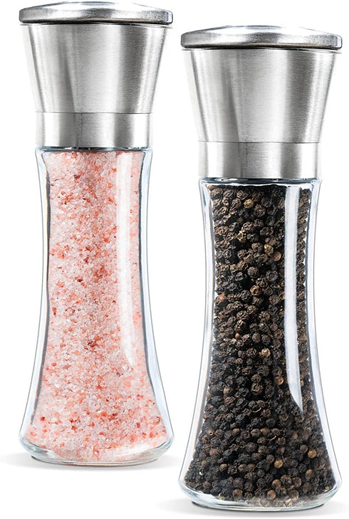 Levav Premium Salt and Pepper Grinder Set of 2- Brushed Stainless Stell Pepper Mill and Salt Mil, Glass Body, Size Grade adjustable ceramic rotor-salt and pepper shakers (tall)