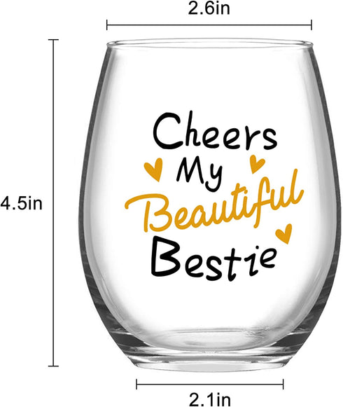 Cheers My Beautiful Bestie Stemless Wine Glass Friends Women Female Girls Sister BFF Bestie Wine Lover Birthday Christmas, Funny Friendship Wine Gifts for Best Friend, 15 Oz