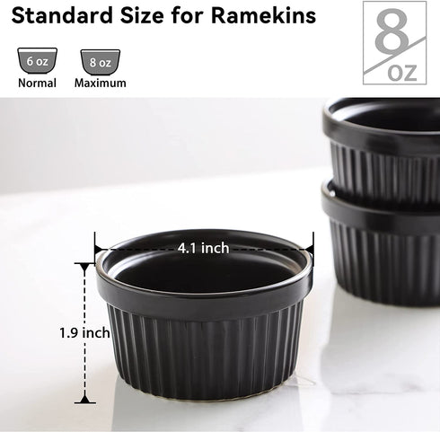 KitchenTour Porcelain Souffle Dishes 8 Ounces Ramekins for Baking Souffle, Creme Brulee - Set of 6, Black