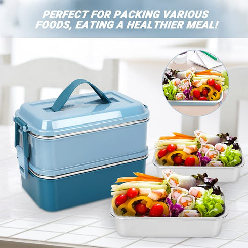 welltop Bento Box, 1400ML Large Capacity Bento Lunch Boxes Leakproof Stainless Steel Food Storage Container Modern Bento-Style Design Includes 2 Stackable Containers for Adults Kids (Blue)