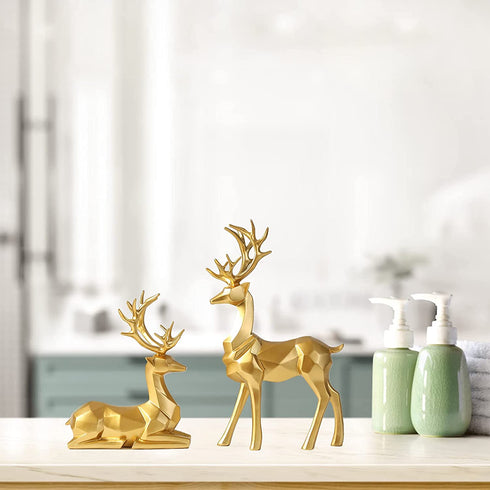 Nordic Resin Geometric Elk Sculpture Sitting Standing Deer Statues Christmas Reindeer Home Decor for Living Room TV Cabinet Wine Cabinet Gifts 2 PCS (Gold)