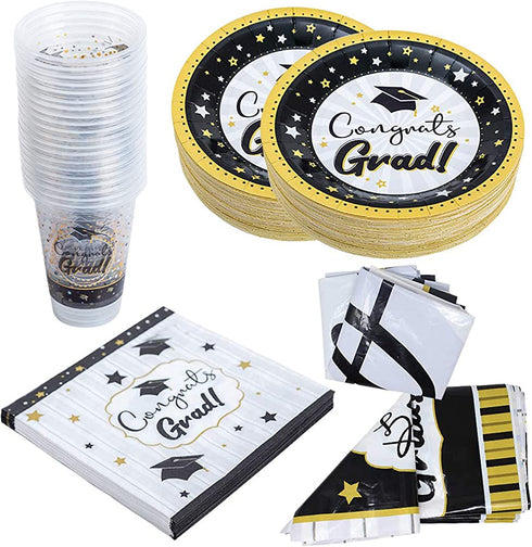 JOYIN Graduation Party Supplies Set with 18 Pcs Plastic Cups, 18 Pcs 9" Plates, 36 Pcs 6.5"X6.5" Napkins, Tablecover (54"x72") and Banner (36"x70")