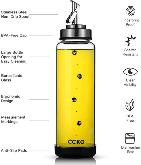 Glass Olive Oil Dispenser Bottle with Stainless Steel Spouts Shatterproof Glass Olive Oil Bottle 350ml Cooking Oil and Vinegar Cruet Bottle Oil Container Carafe for Kitchen
