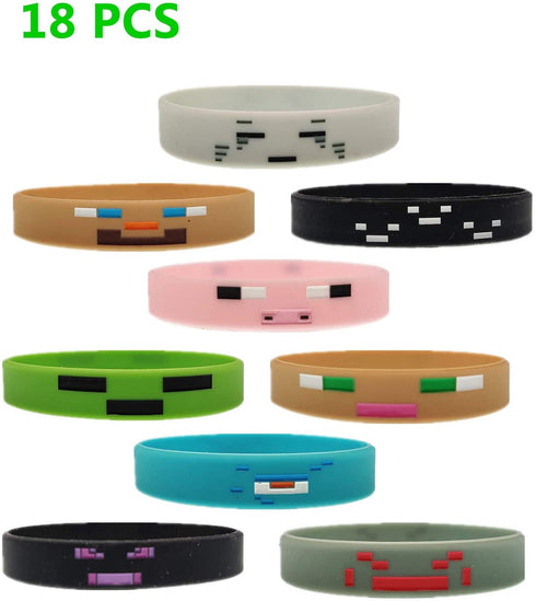 Pixel Style Gamer Party Supplies, Miner Theme Birthday Party Favors and Decors Set Includes 1 Banner, 20 Balloons, 24 Cupcake Toppers, 24 Wrappers, 18 Bracelets