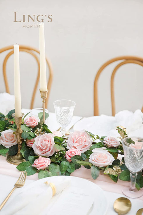 Ling's moment Handcrafted Artificial Blush Pink Rose Flower Garland 5ft Greenery Garland for Wedding Centerpieces Ceremony Sign Aisle Arch Backdrop Reception Table Decorations