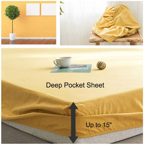 mixinni Modern Style Super Soft Gold Fitted Sheet Solid Color Bed Sheet 15" Deep Pocket Full/Queen Size-(Only 1 Gold Color Fitted Sheet)