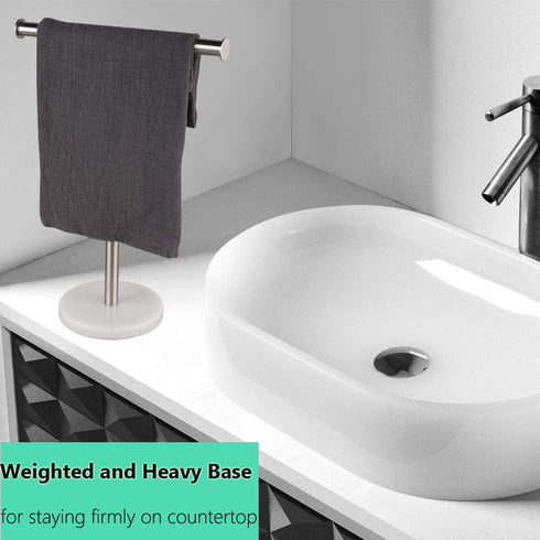 Hand Towel Holder with Heavy Marble Base, T-Shape Towel Rack, Modern Tree Rack Free Standing for Bathroom Vanity Countertop, 304 Stainless Steel, Brushed Finished (Silver)