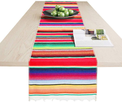 Fowecelt Mexican Serape Table Runner 14 x 84 Inch for Mexican Party Wedding Decorations Outdoor Picnics Dining Table, Fringe Cotton Handwoven Table Runners