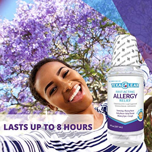 TexaClear Allergy Relief - Fast Acting Dye Free Liquid Cough Suppressant & Antihistamine – 8 Hour Relief (8 fl oz)